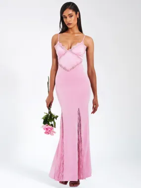 Xandria Pink Lace Satin Mermaid Flare Maxi Dress