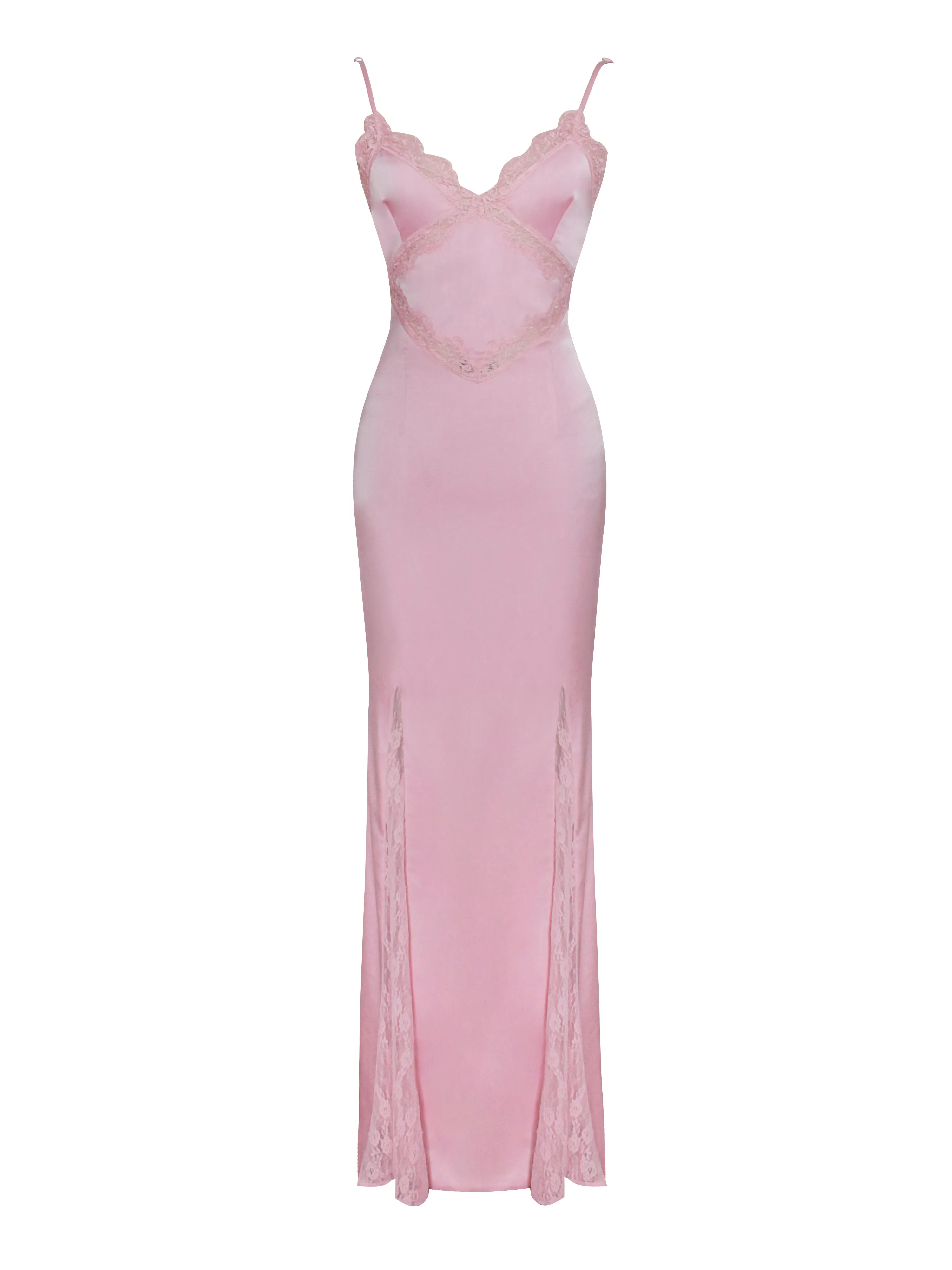 Xandria Pink Lace Satin Mermaid Flare Maxi Dress