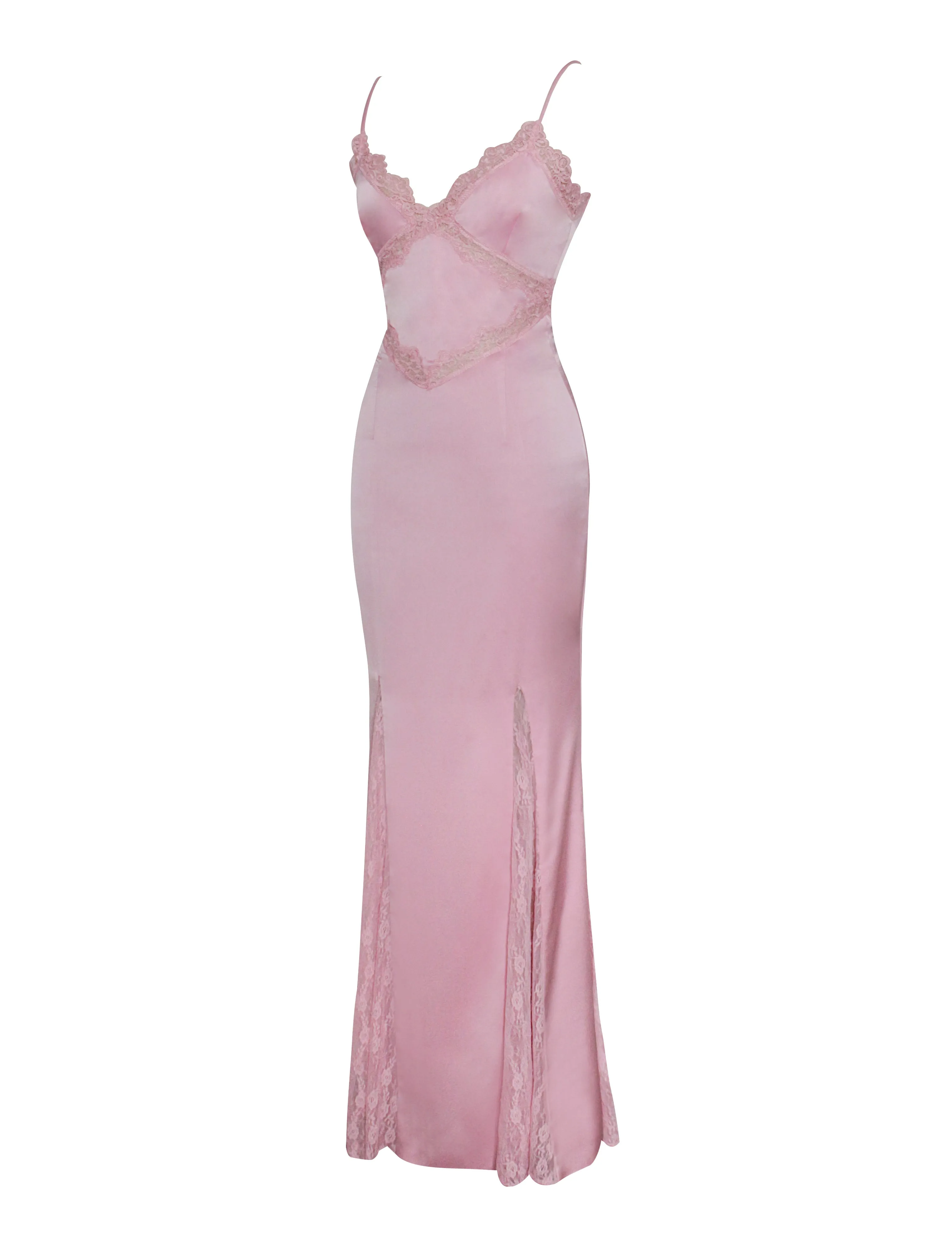 Xandria Pink Lace Satin Mermaid Flare Maxi Dress