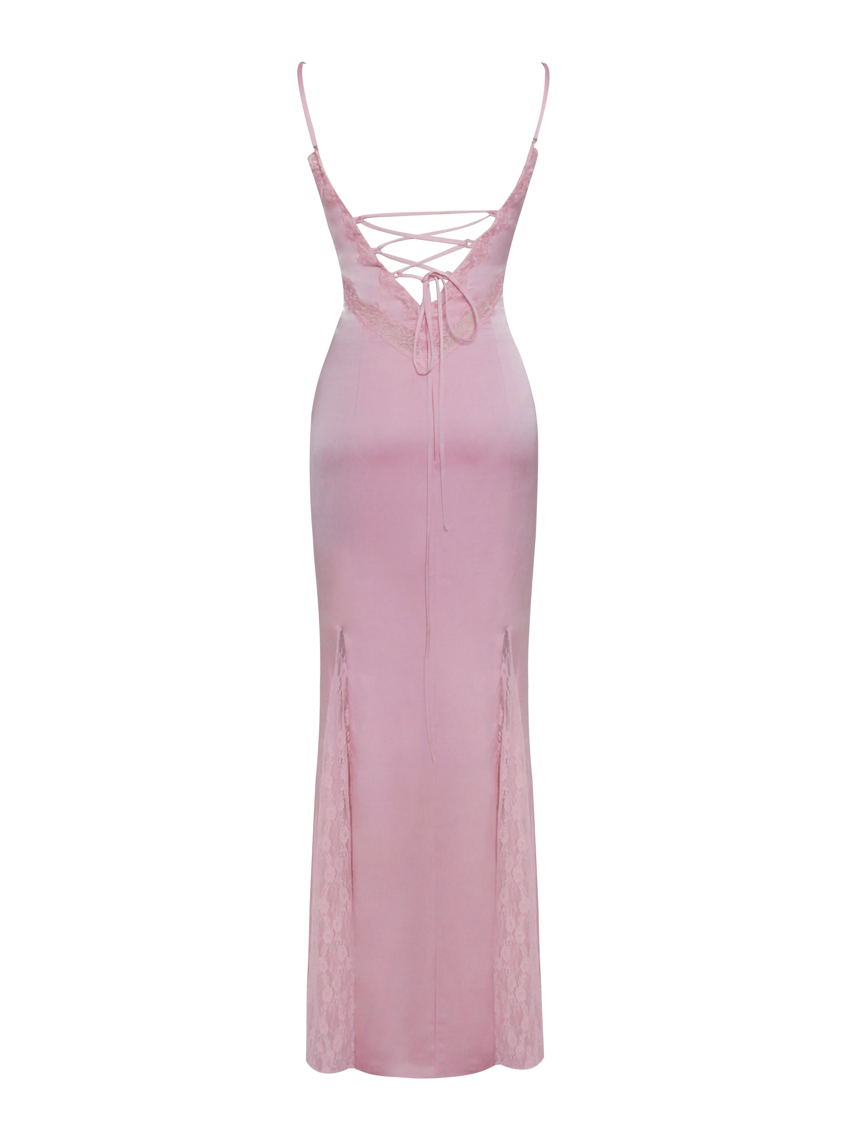 Xandria Pink Lace Satin Mermaid Flare Maxi Dress